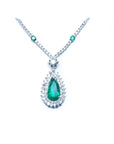emerald jewelry necklace pear-shaped Muzo emerald with a rich, deep green hue, set in 18K white gold and halo diamond.