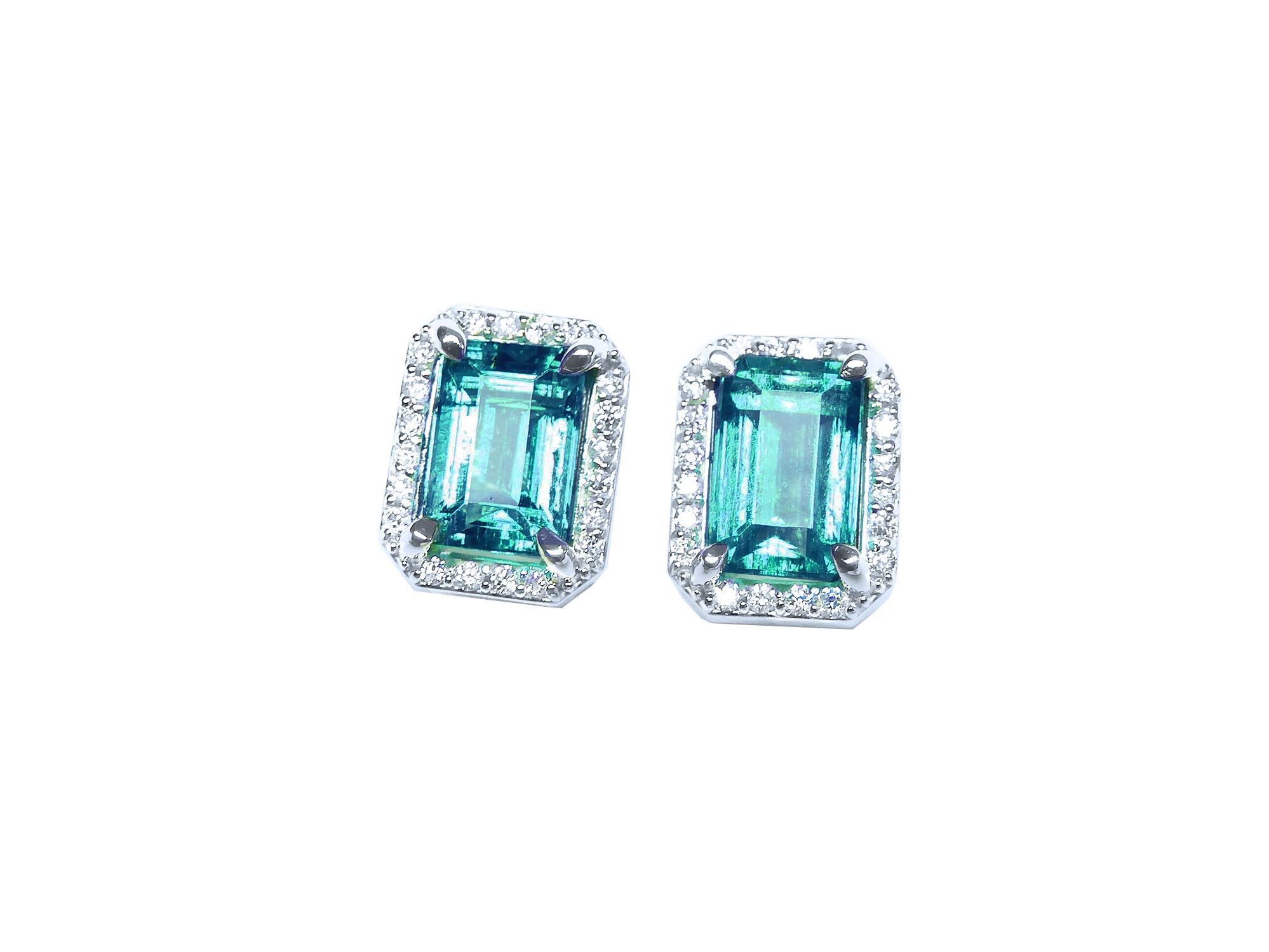 Pair of Colombian emerald stud earrings with halo diamond, front position, full top view.