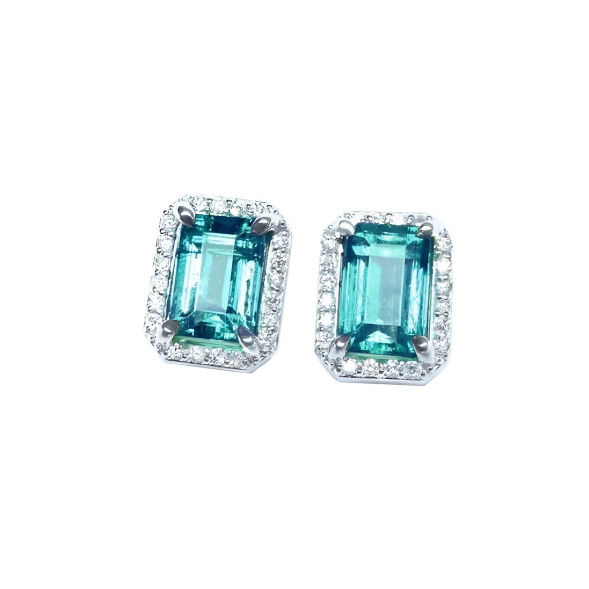 Pair of Muzo Colombian emerald stud earrings with halo diamond crafted in 14k white gold.