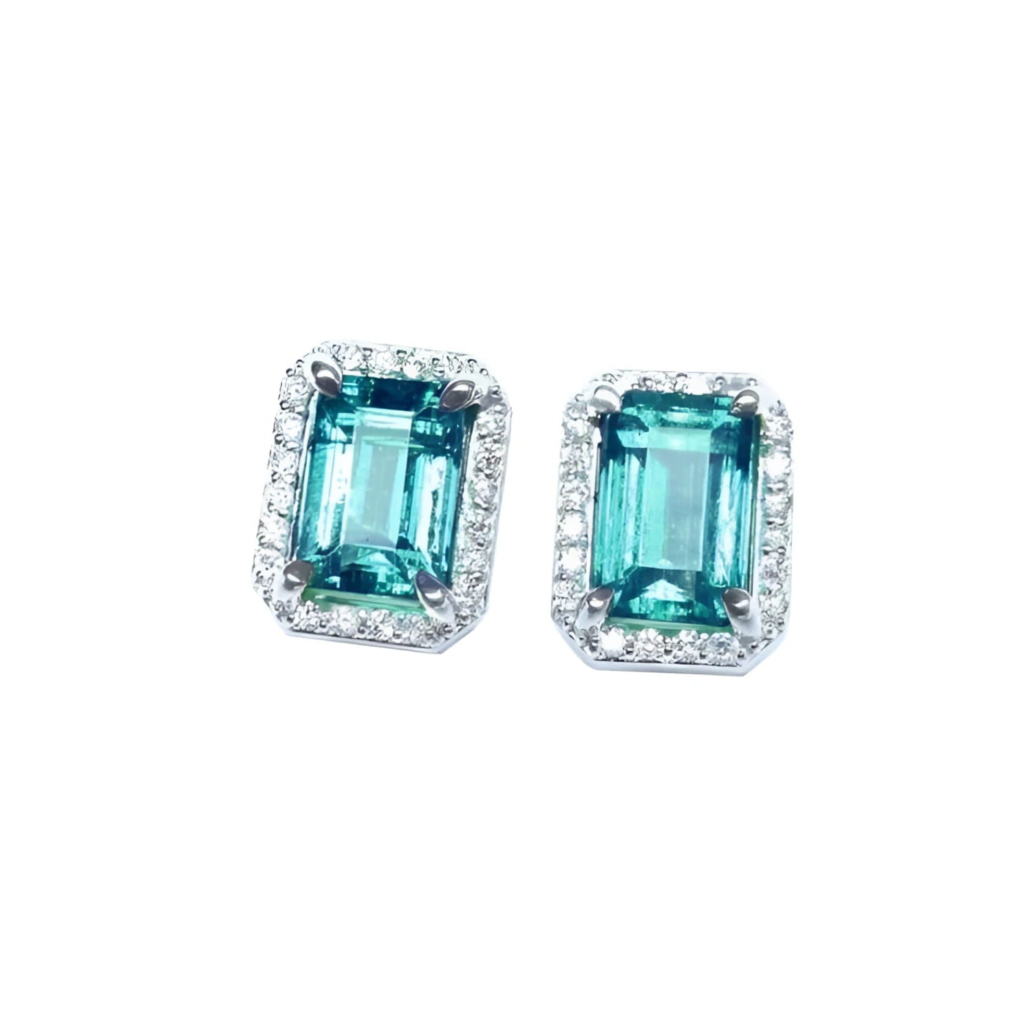 Pair of Muzo Colombian emerald stud earrings with halo diamond crafted in 14k white gold.