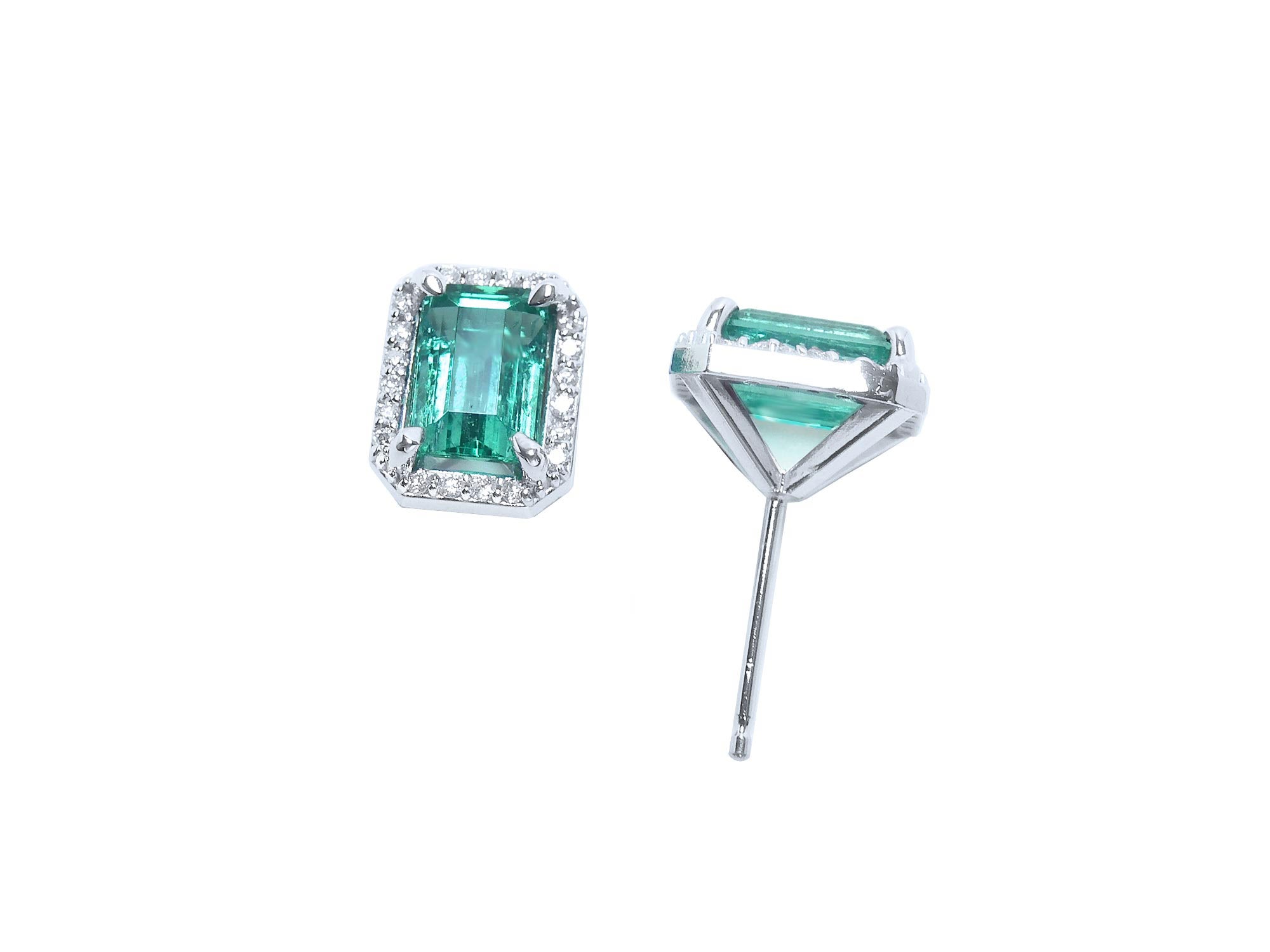 Pair of emerald stud earrings on two positions top and underside profile view.