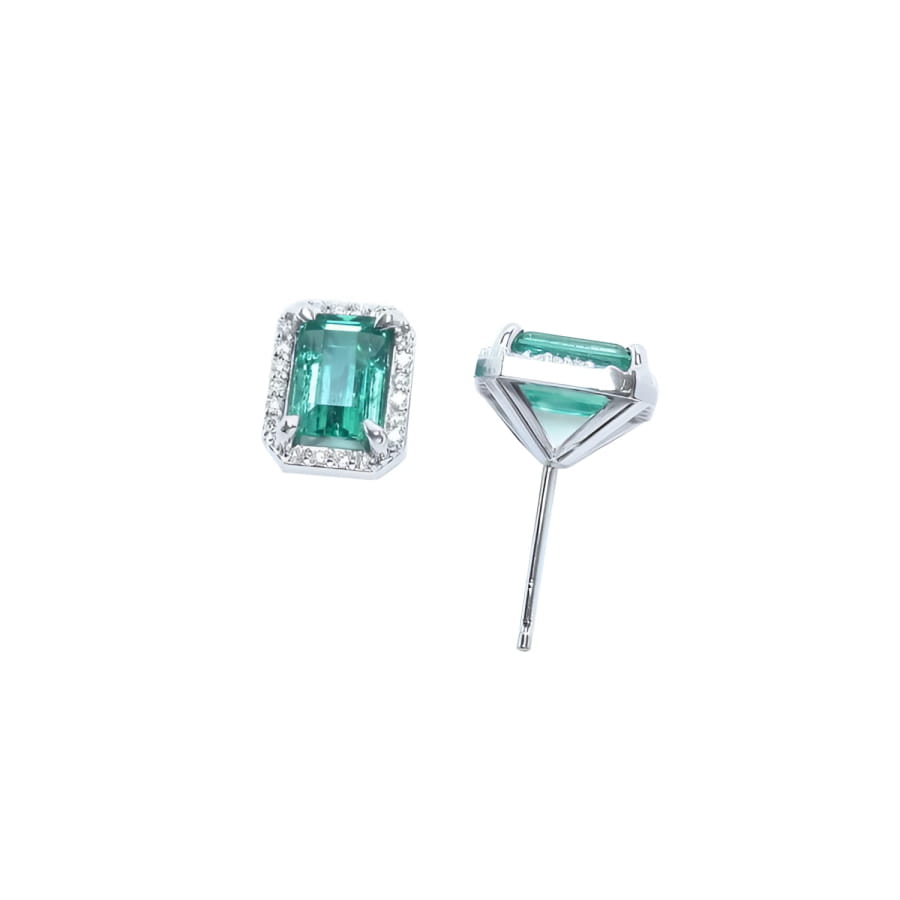 1.74 carat natural emerald-cut stud earrings with halo diamonds in 14K white gold.