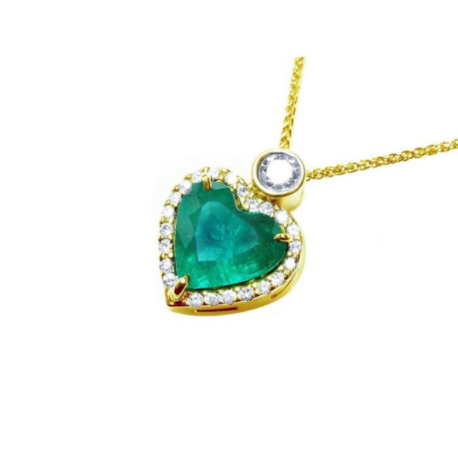 Heart-shaped emerald pendant with diamond halo and single diamond accent on an 18k gold chain.