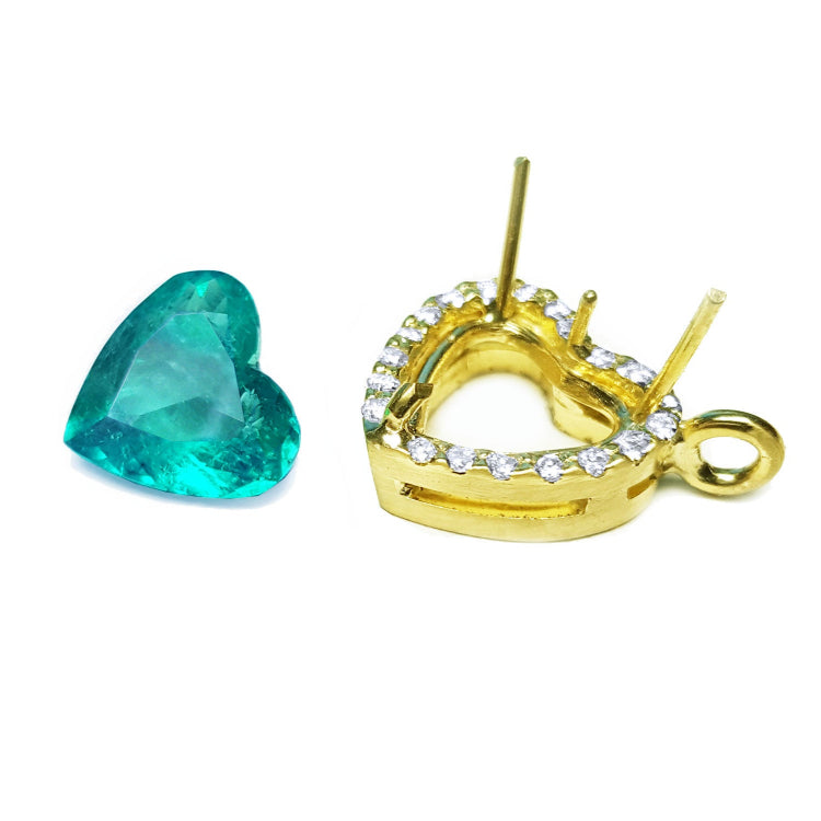 Handmade emerald necklaces for sale in USA tilted heart shaped halo natural diamond in 18k yellow