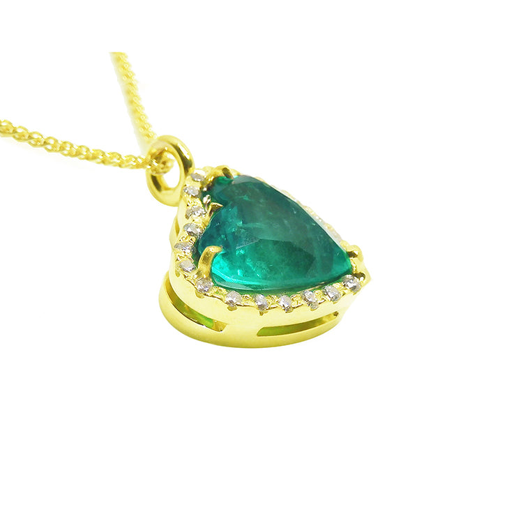 May&#39;s birthstone women&#39;s heart cut emerald necklace tilted heart shaped halo natural diamond handcrafted in 18k yellow