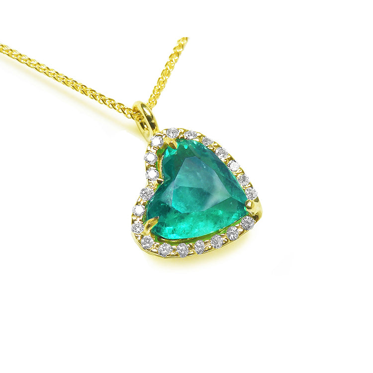 Natural emerald heart cut necklace tilted heart shaped halo natural diamond handcrafted in 18k yellow gold