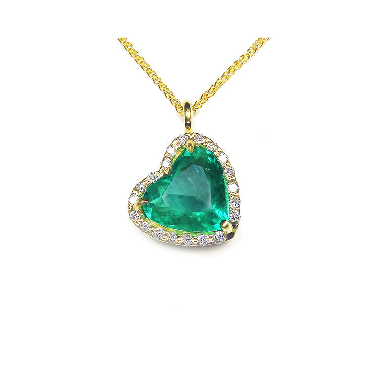 Women's emerald heart cut Colombian tilted heart shaped halo natural diamond handcrafted in 18k yellow