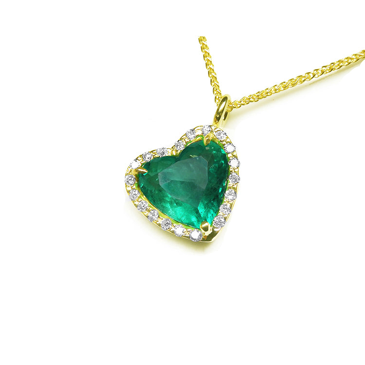 Mother's Day gift heart cut emerald necklace tilted heart shaped halo natural diamond handcrafted in 18k yellow