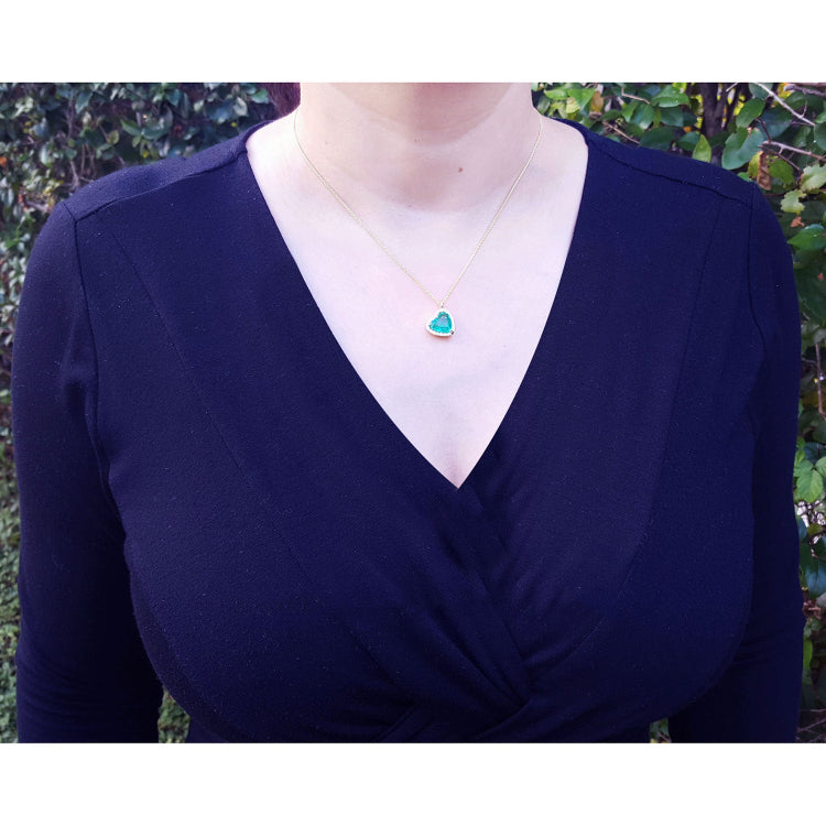Emerald jewelry for sale heart cut necklace tilted heart shaped halo natural diamond handcrafted in 18k 
