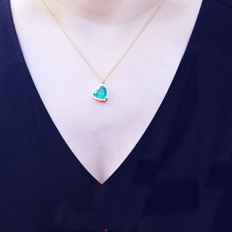  Genuine emerald necklaces for women tilted heart shaped halo natural diamond handcrafted in 18k yellow