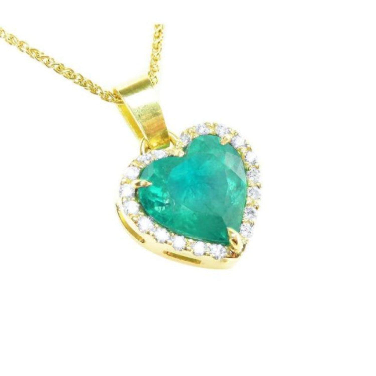 18k yellow gold necklace with a heart-shaped emerald pendant with a halo diamond.