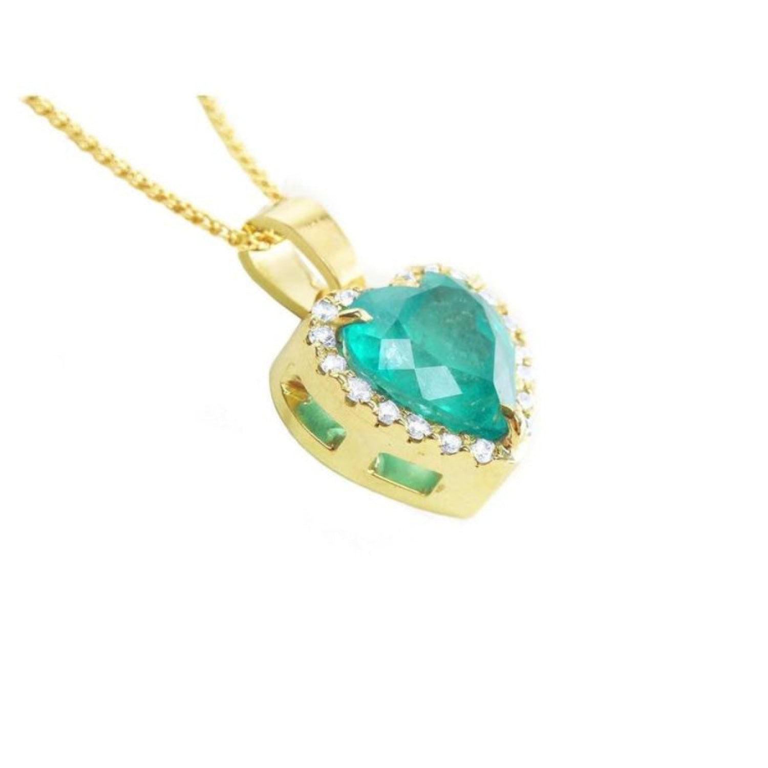 Heart-shaped emerald pendant with diamond halo in 18K yellow gold.
