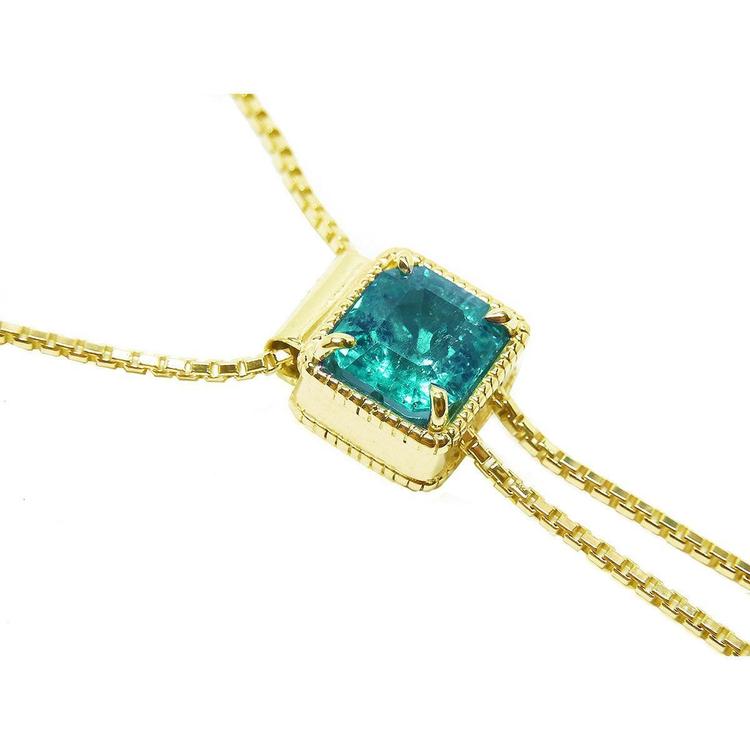 Emerald lariat necklace, square emerald-cut natural from Muzo Colombia, 14k yellow gold