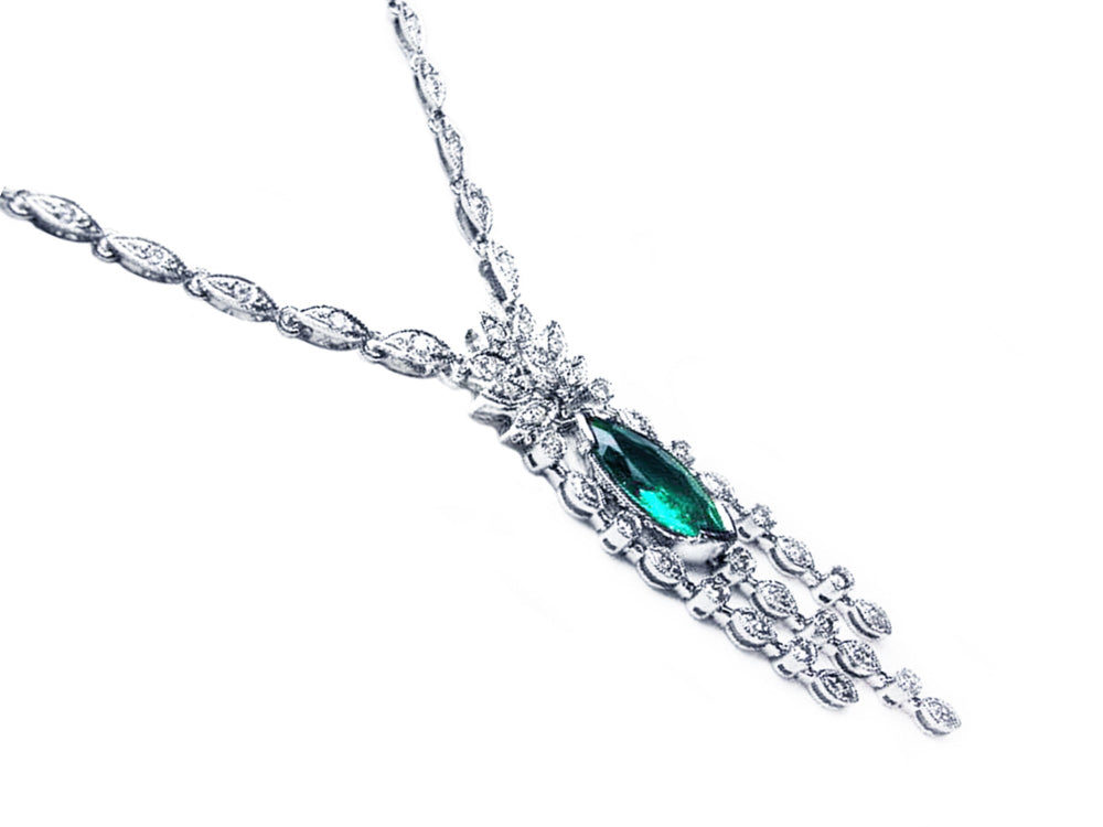lady&#39;s emerald marquise necklace natural from the Muzo mine Colombia, marquise&#39;s gold links in 14k white gold with diamond