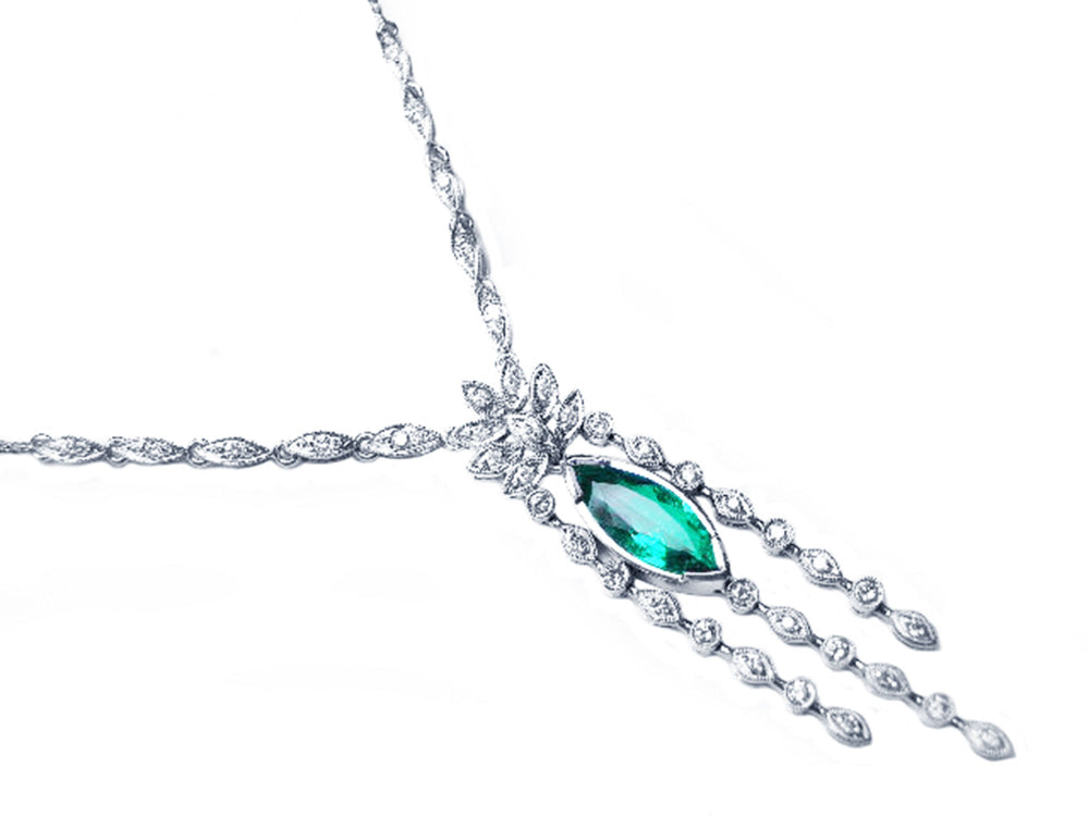 Marquise white gold emerald necklace natural from the Muzo mine Colombia, crafted by marquise's gold links in 14k with diamond
