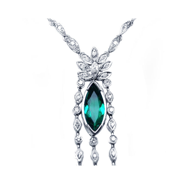 Natural emerald 2,12 carats women's necklace from the Muzo mine Colombia, marquise's gold links in 14k white gold with diamond