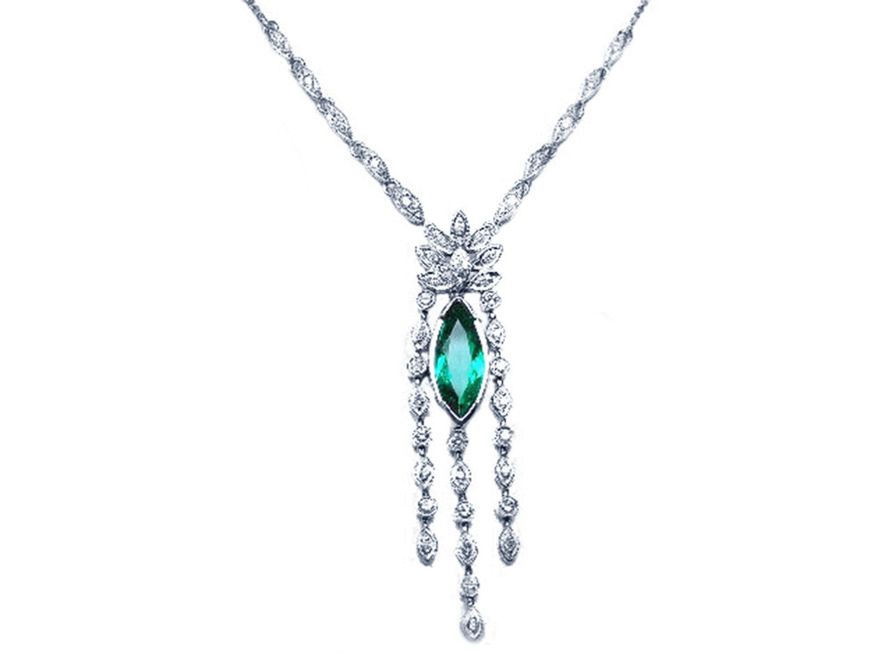 Emerald and diamond marquise necklace from the Muzo mine Colombia, crafted by marquise&#39;s gold links in 14k white gold 