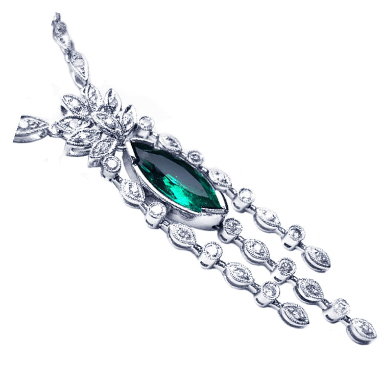 Emerald marquise necklace for women natural from the Muzo mine Colombia, crafted by marquise's gold links in 14k white gold