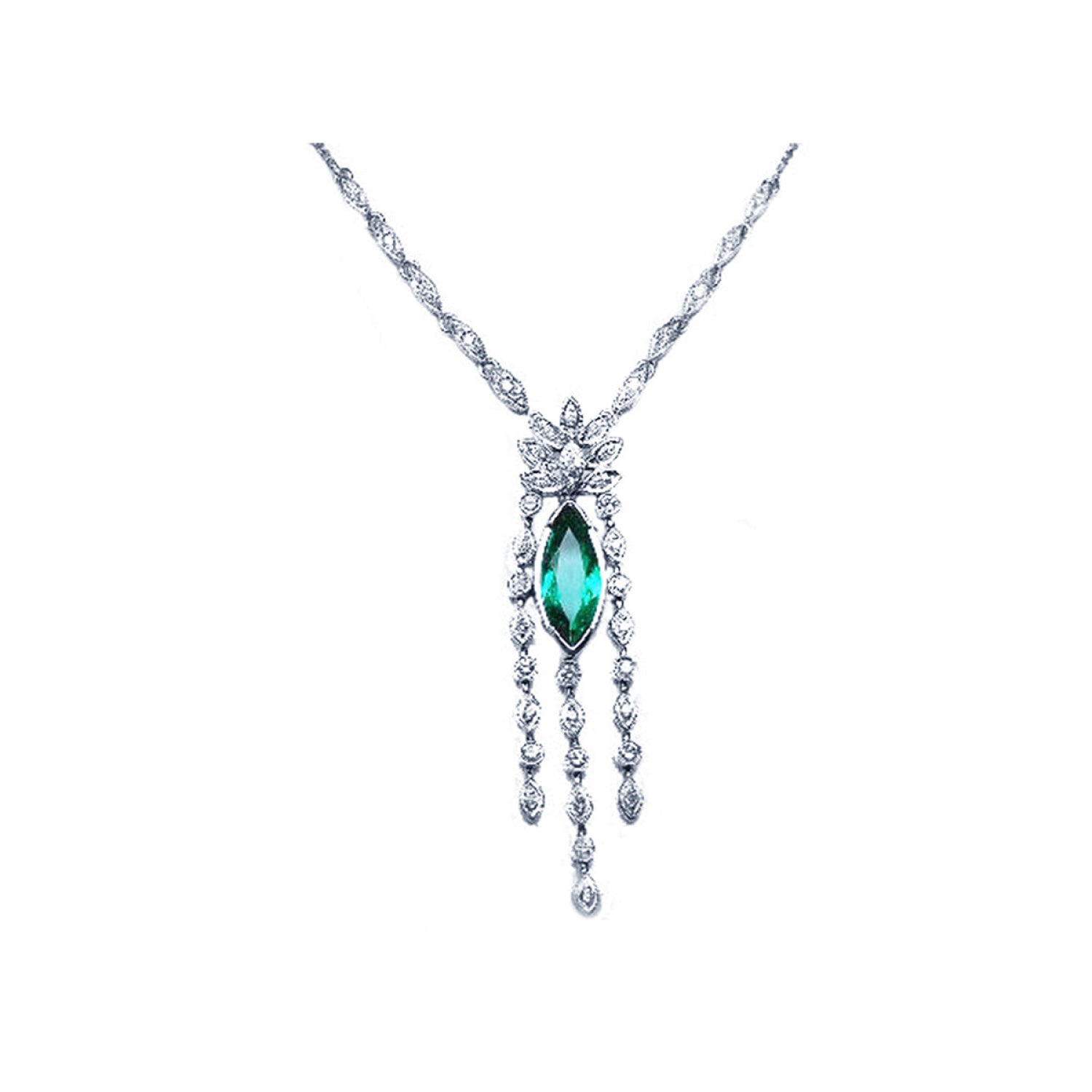 Marquise cut Colombian emerald necklace in 14K white gold with diamond links and dangling diamond accents.
