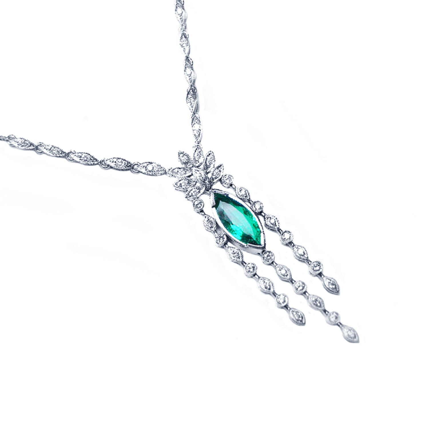 Marquise cut Colombian emerald necklace in 14K white gold with diamond links and floral accents.