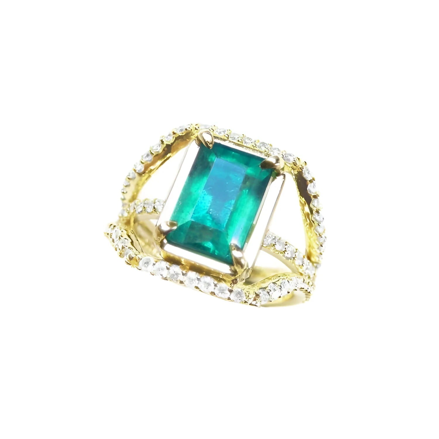 Emerald engagement ring: 2.86 ct. green emerald in 18K yellow gold with three rows of diamonds.