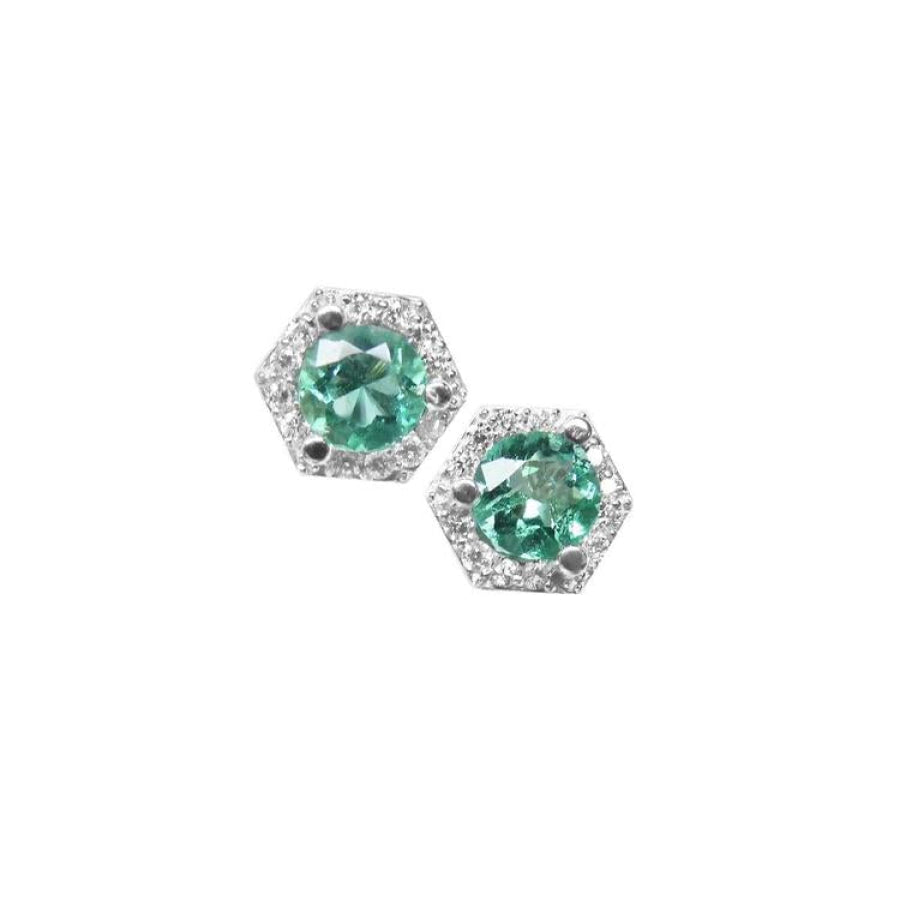Pair of round emerald stud earrings in 14K white gold with a hexagonal diamond halo.