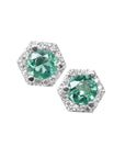 A pair of May birthstone emerald stud earrings, viewed on top side,