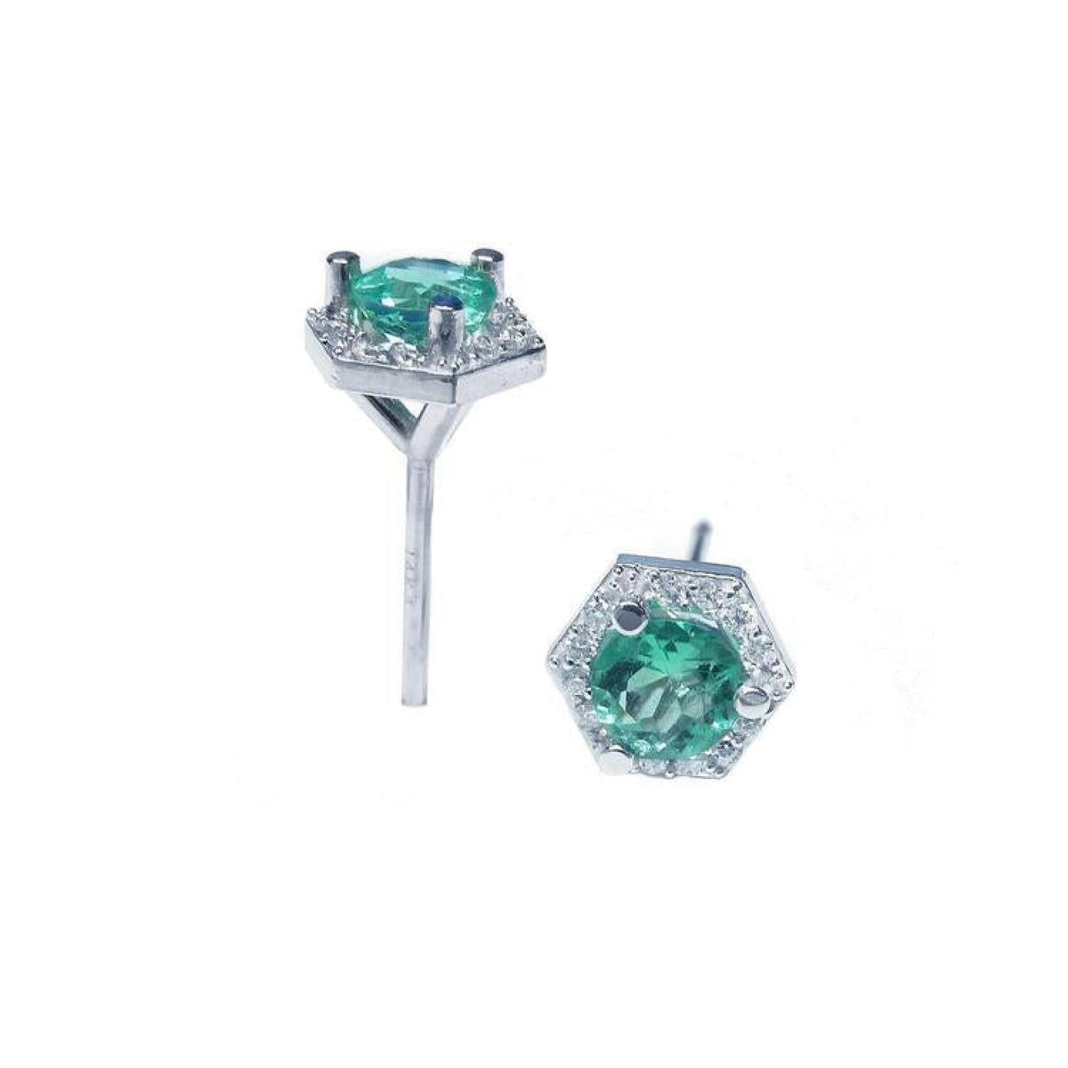 Pair of 14K white gold stud earrings with round green emeralds surrounded by tiny white gems in a hexagonal halo.