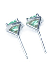 Pair of 14k white gold May birthstone emerald stud earrings, underside view.