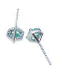 May birthstone emerald stud earrings in 14k white gold, in upside down position, underside view