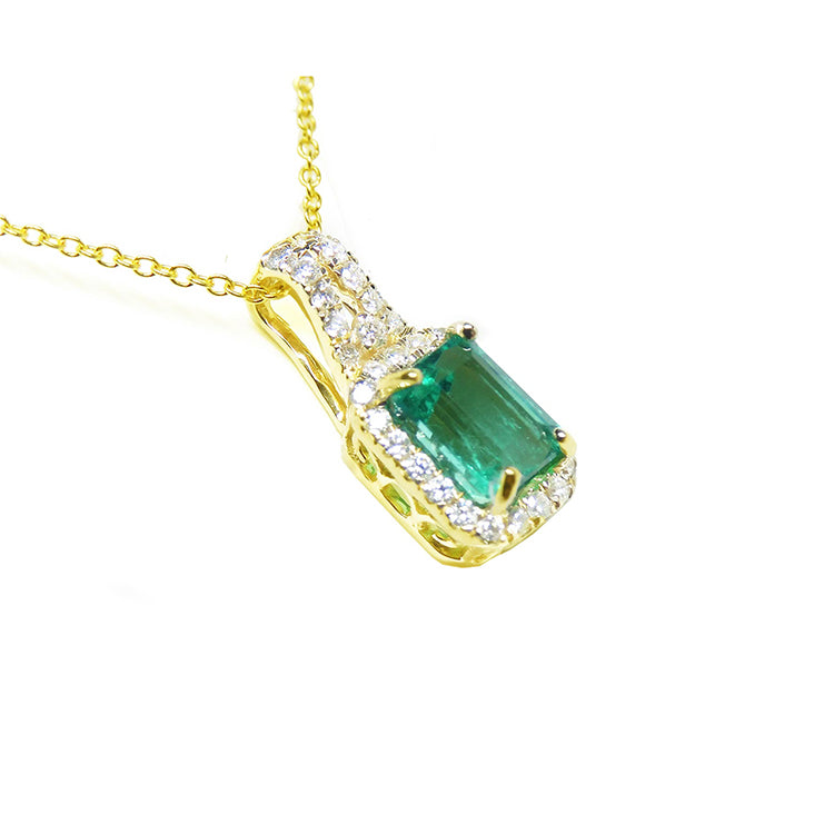 Natural Colombian emerald necklace halo diamond crafted in 14k yellow gold