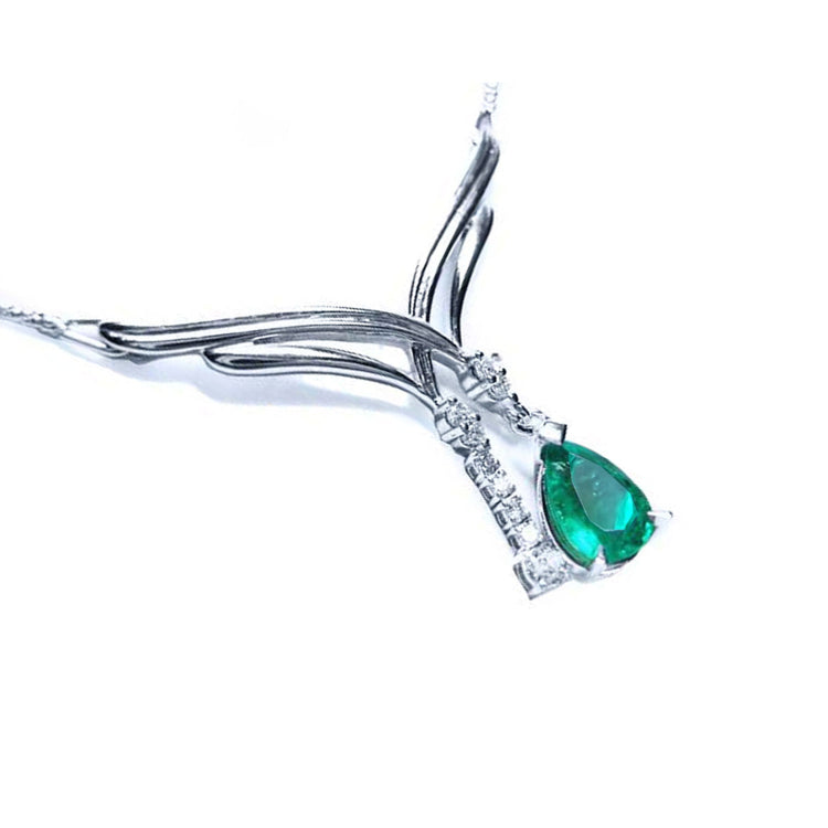 Natural pear shaped emerald necklace sparkling medium green color 1.73 carats with accent diamonds