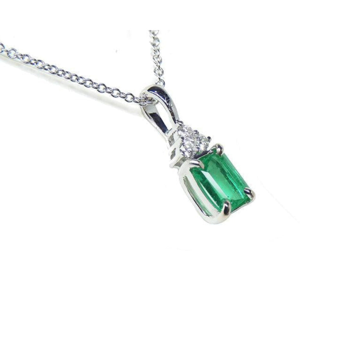 Emerald necklace pendant top accent natural diamonds, crafted in 14k white gold