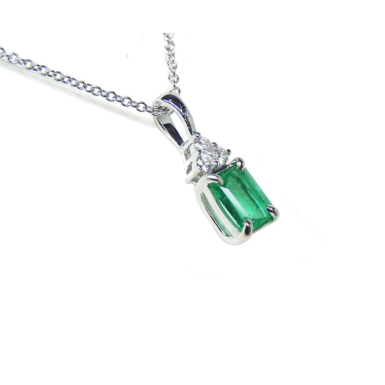 Emerald necklace pendant top accent natural diamonds, crafted in 14k white gold