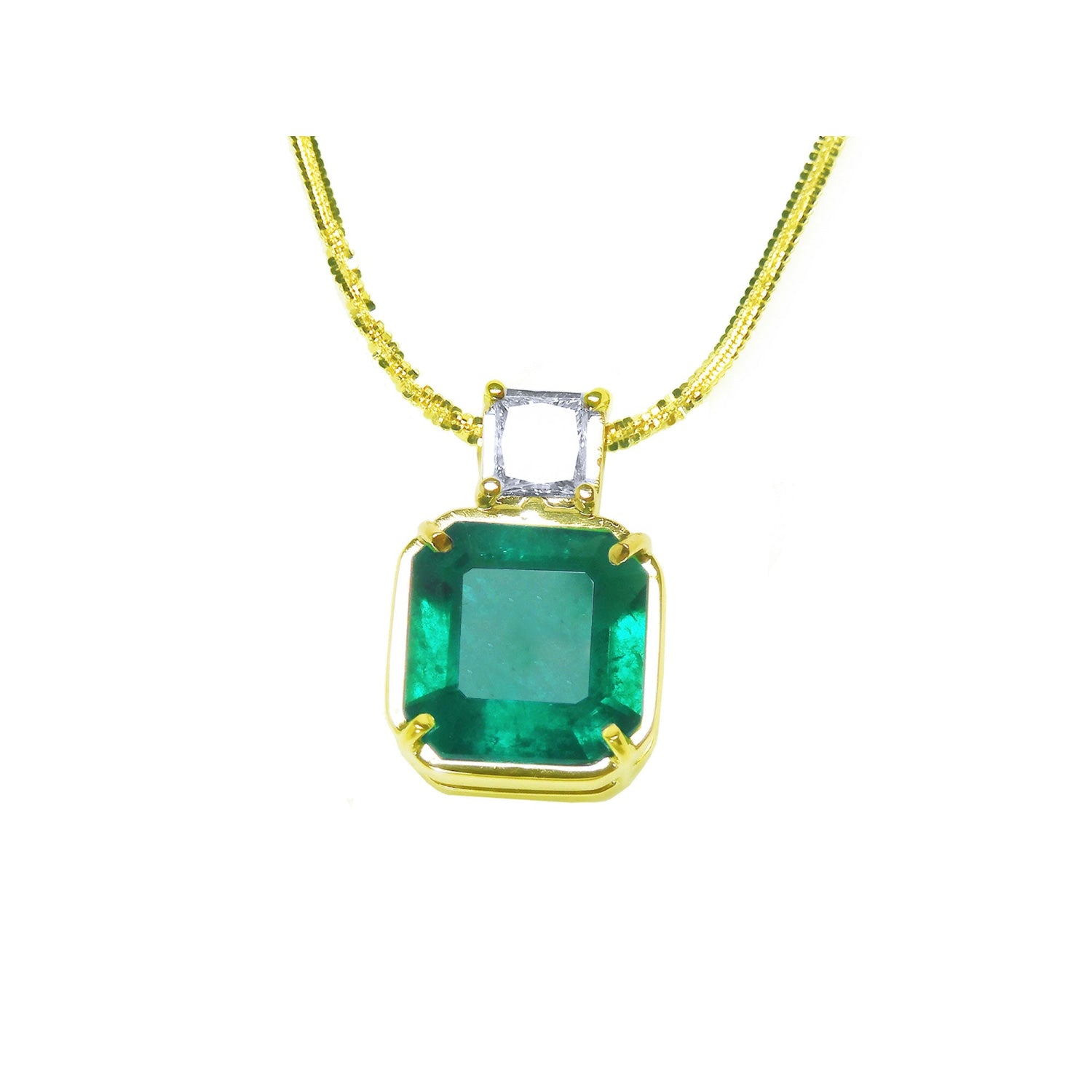 Asscher cut Colombian emerald necklace with a princess cut diamond on an 18K yellow gold chain.