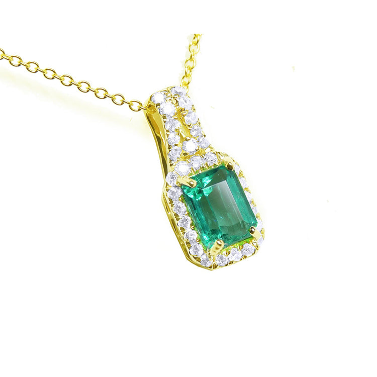 Mother's Day gift Natural Colombian emerald necklace halo diamond crafted in 14k yellow gold