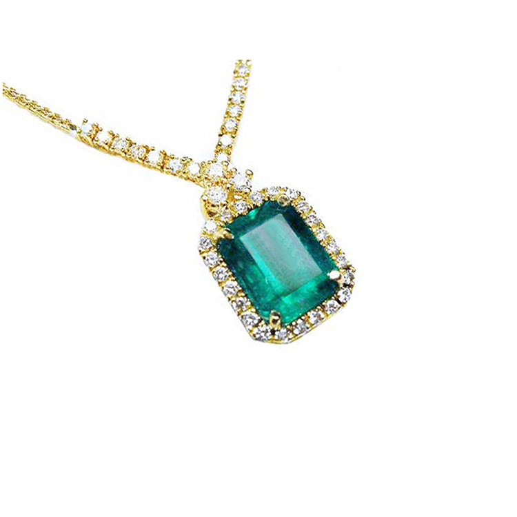 Women's emerald necklace emerald-cut natural deep green bluish color, encircled by a halo diamond high quality