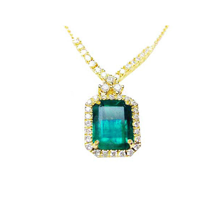 Gift for Mother's Day emerald necklace emerald-cut natural emerald deep green bluish color, encircled by a halo diamond high quality