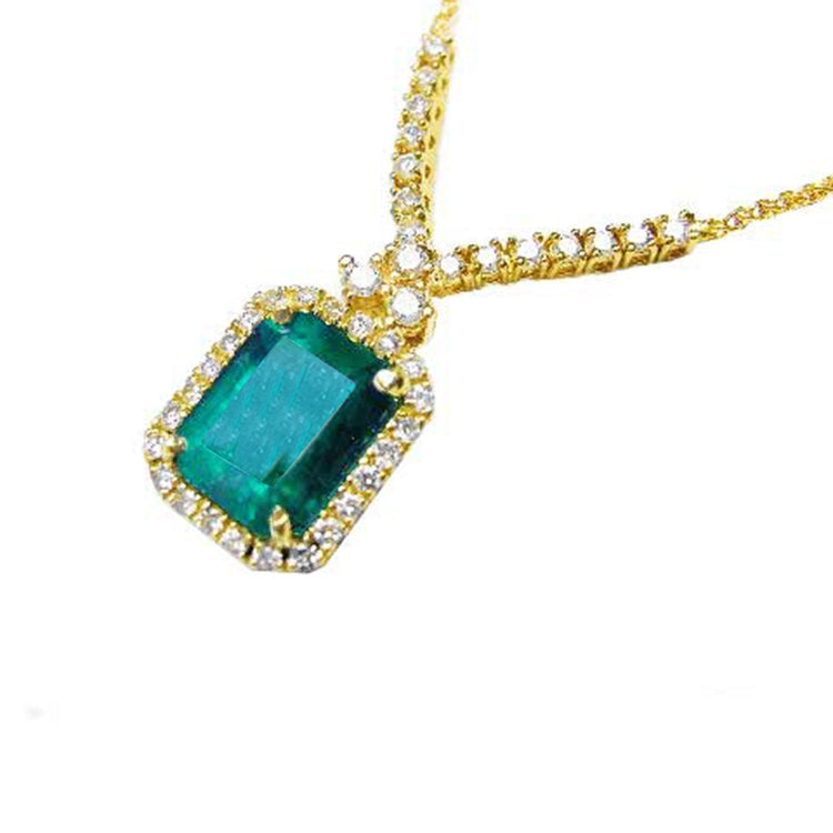 USA made Emerald necklaces for women emerald-cut natural emerald deep green bluish color, encircled by a halo diamond