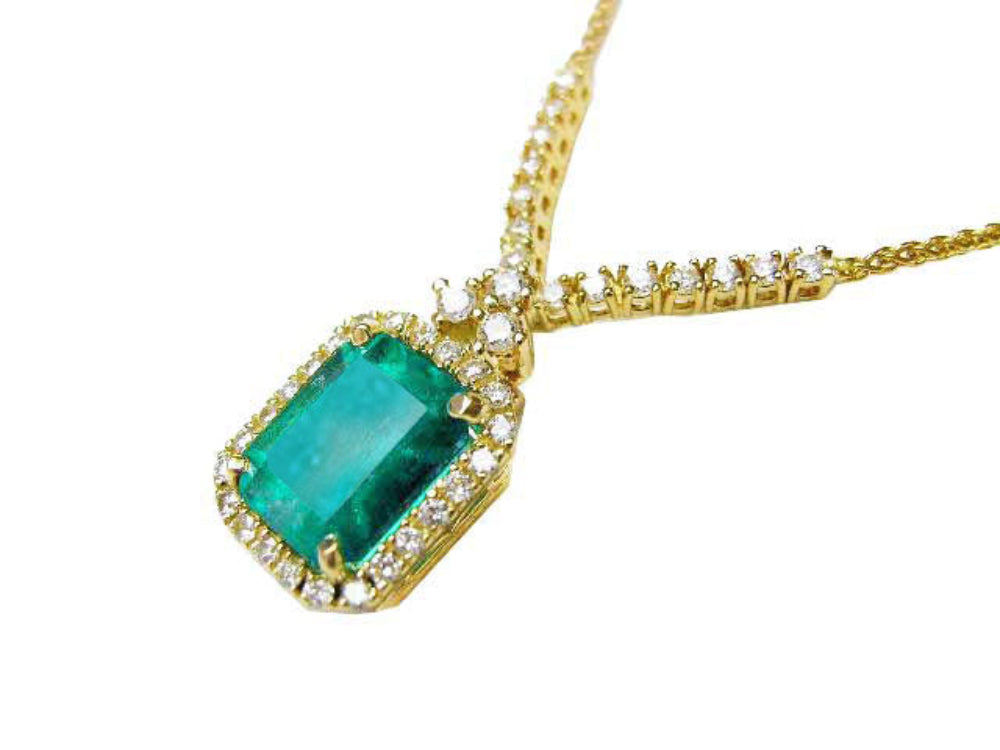 14k Yellow gold Emerald necklace emerald-cut natural emerald deep green bluish color, encircled by a halo diamond