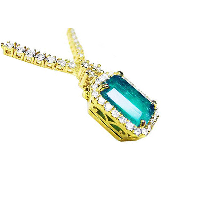 Bridal emerald necklace emerald-cut natural emerald deep green bluish color, encircled by a halo diamond high quality