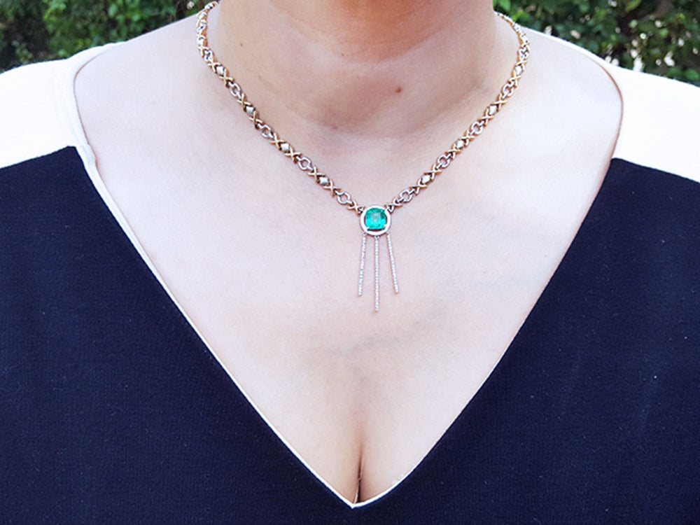 Ladies Natural Emerald necklaces with the meaning of love and hope, Muzo Colombia, square cut, set in 14k white and yellow gold