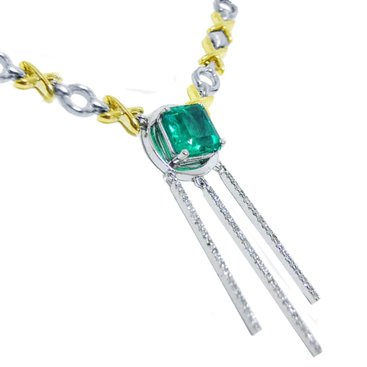 Kisses and hugs emerald necklace with the meaning of love and hope, square cut, set in 14k white and yellow gold