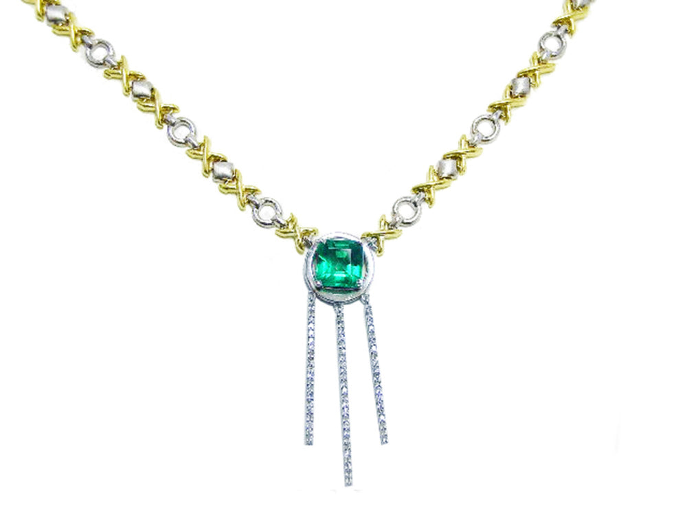 Two tone gold Emerald necklace with the meaning of love and hope, natural Muzo Colombian emeralds, 14k white and yellow gold
