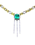 14k gold kisses and hugs necklace with a square natural colombian emerald gemstone.