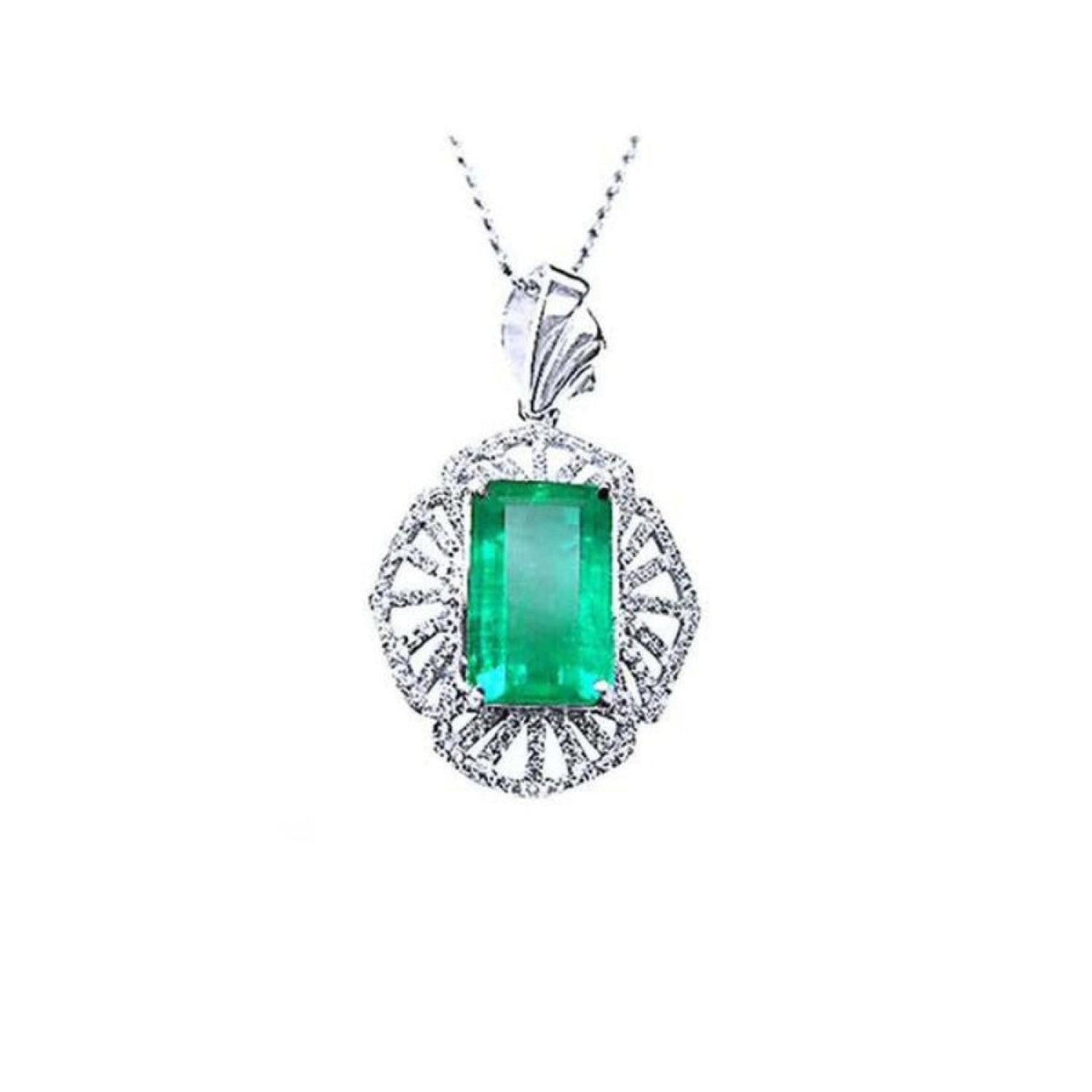 Emerald-cut emerald pendant in 14K white gold with natural diamonds, unique design.