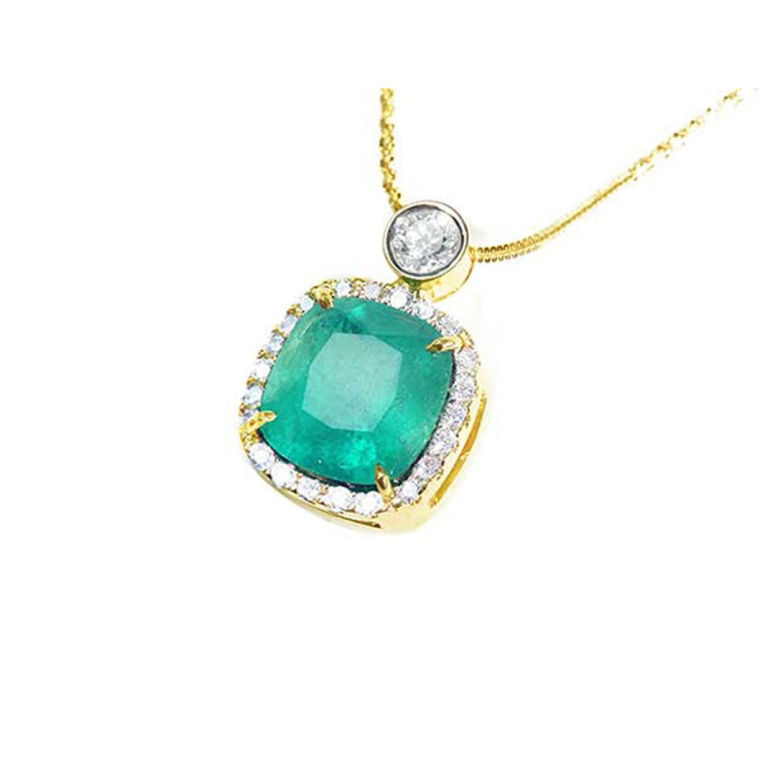 18k gold emerald cushion cut necklace natural 8.07 carats encircled in a halo of natural diamonds.