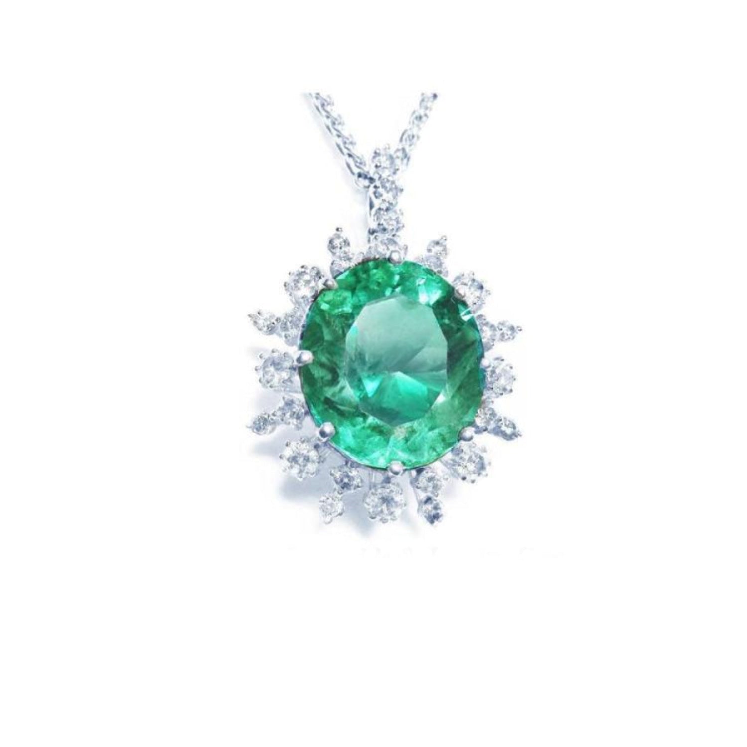 Oval cut medium light green emerald pendant with diamond halo in 14K white gold.
