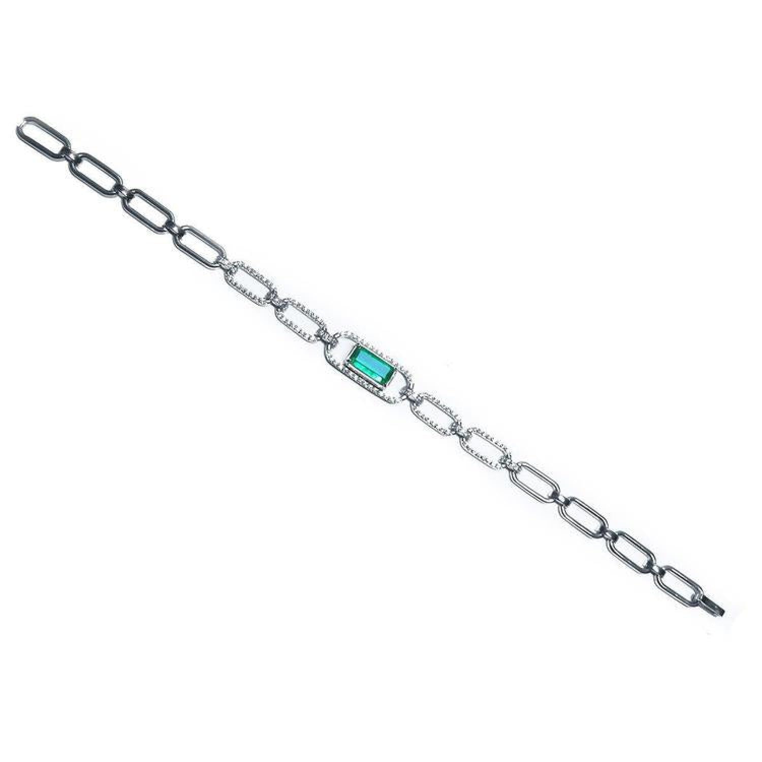 14K white gold paper clip bracelet with a rectangular emerald haloed by diamonds.