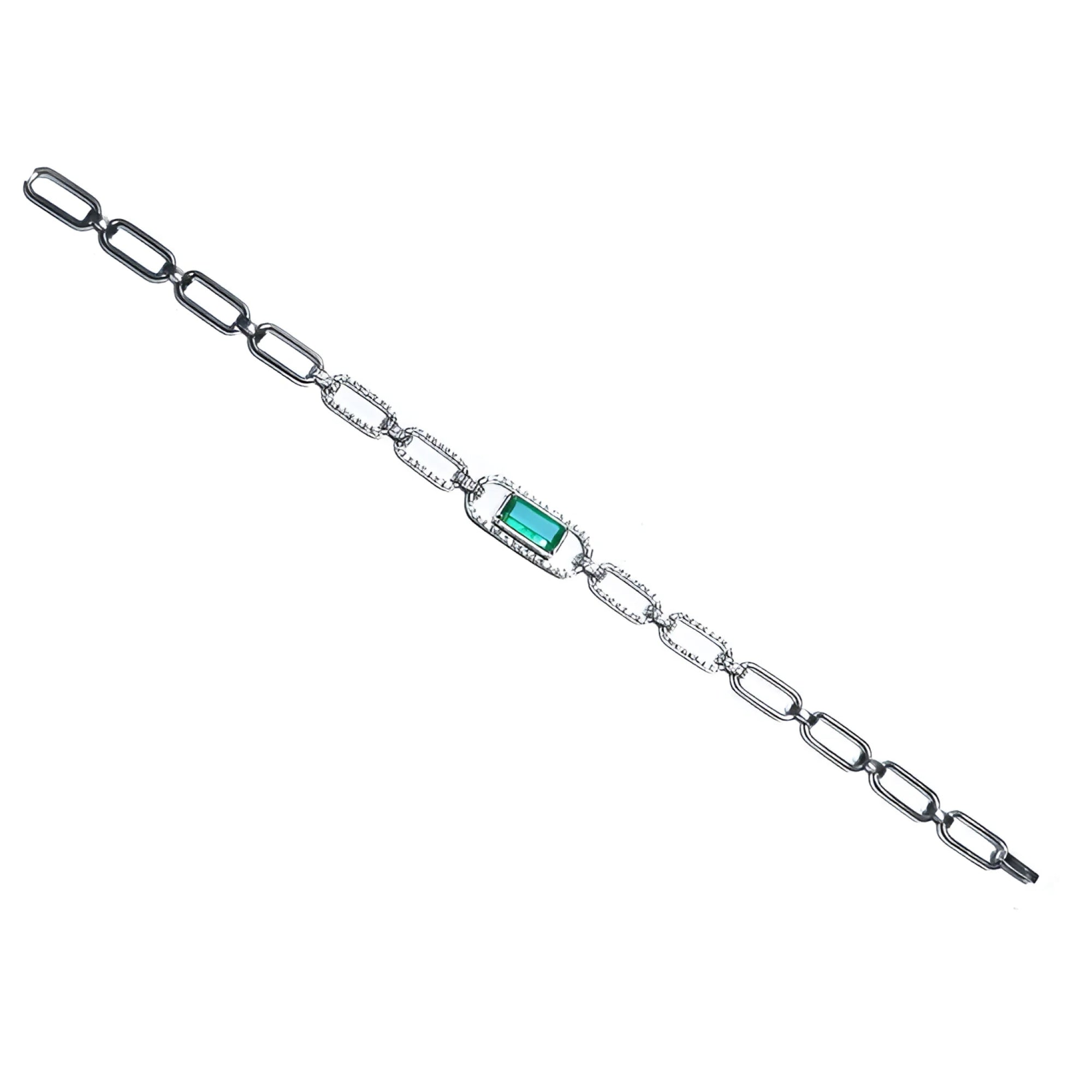 14K white gold paper clip bracelet with a rectangular emerald haloed by diamonds.